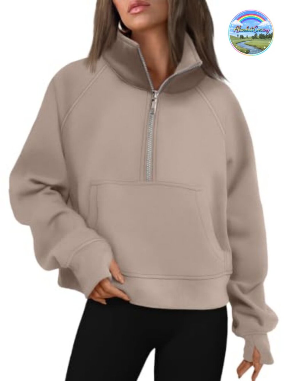 Womens Half Zip Fleece Pullover Sweatshirt Cotton Polyester Thumbholes